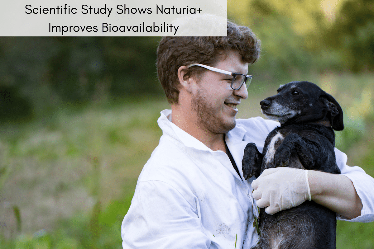 A male researcher in a lab coat, safety goggles and gloves smiles as he holds a dark-furred beagle. In a text box: Scientific Study Shows Naturia+ Improves Bioavailability